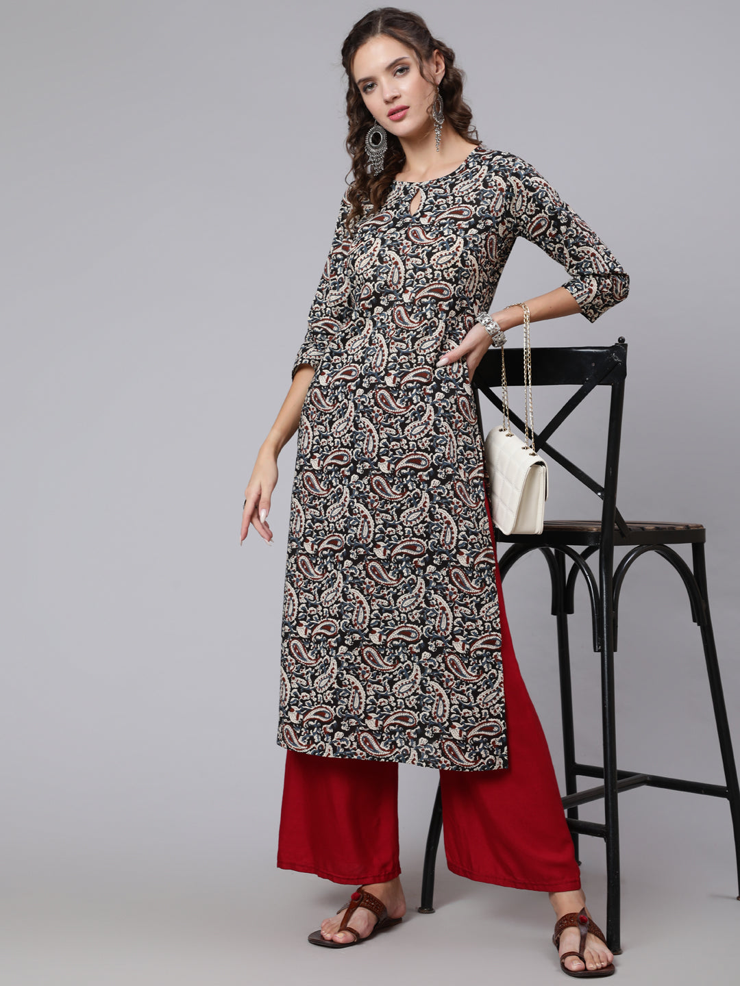 Women Black Paisley Printed Straight Key Hole Neck Kurta With Three Quarter Sleeves | LASVINI - Redefining Indian Fashion with Elegance