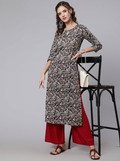 Women Black Paisley Printed Straight Key Hole Neck Kurta With Three Quarter Sleeves | LASVINI - Redefining Indian Fashion with Elegance