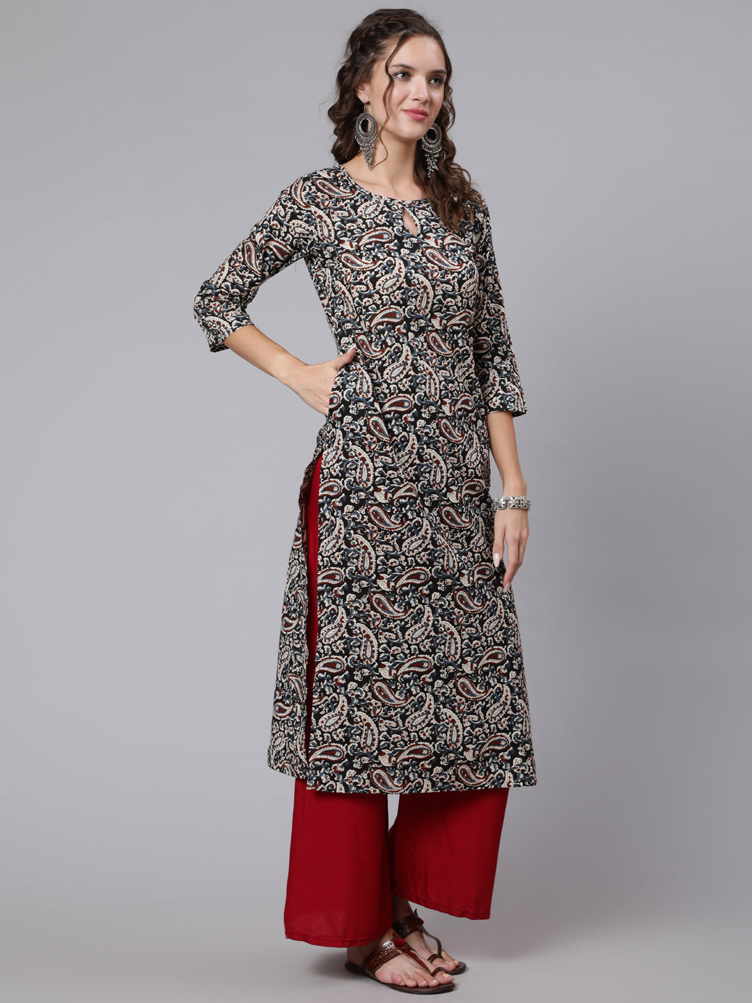Women Black Paisley Printed Straight Key Hole Neck Kurta With Three Quarter Sleeves | LASVINI - Redefining Indian Fashion with Elegance