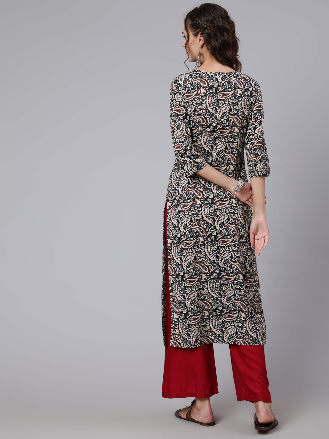 Women Black Paisley Printed Straight Key Hole Neck Kurta With Three Quarter Sleeves | LASVINI - Redefining Indian Fashion with Elegance