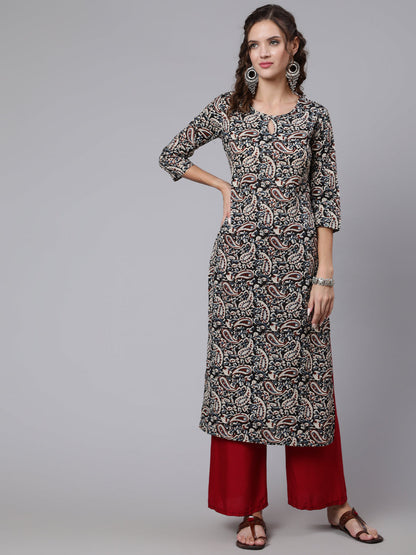 Women Black Paisley Printed Straight Key Hole Neck Kurta With Three Quarter Sleeves | LASVINI - Redefining Indian Fashion with Elegance