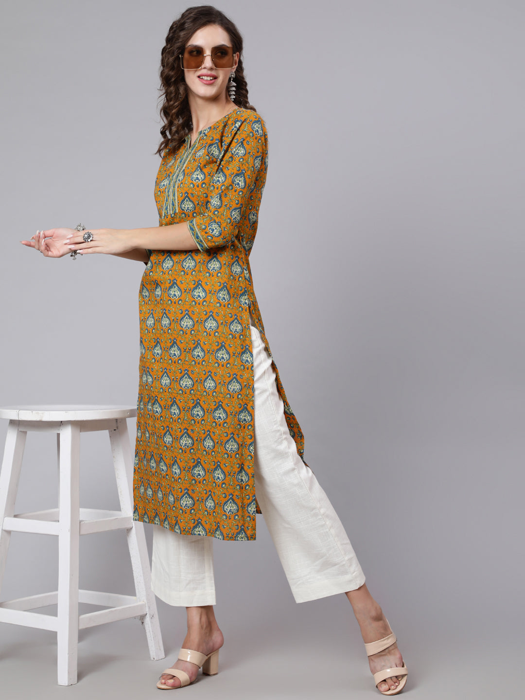 Women Yellow Printed Straight Kurta With Three Quarter Sleeves | LASVINI - Redefining Indian Fashion with Elegance