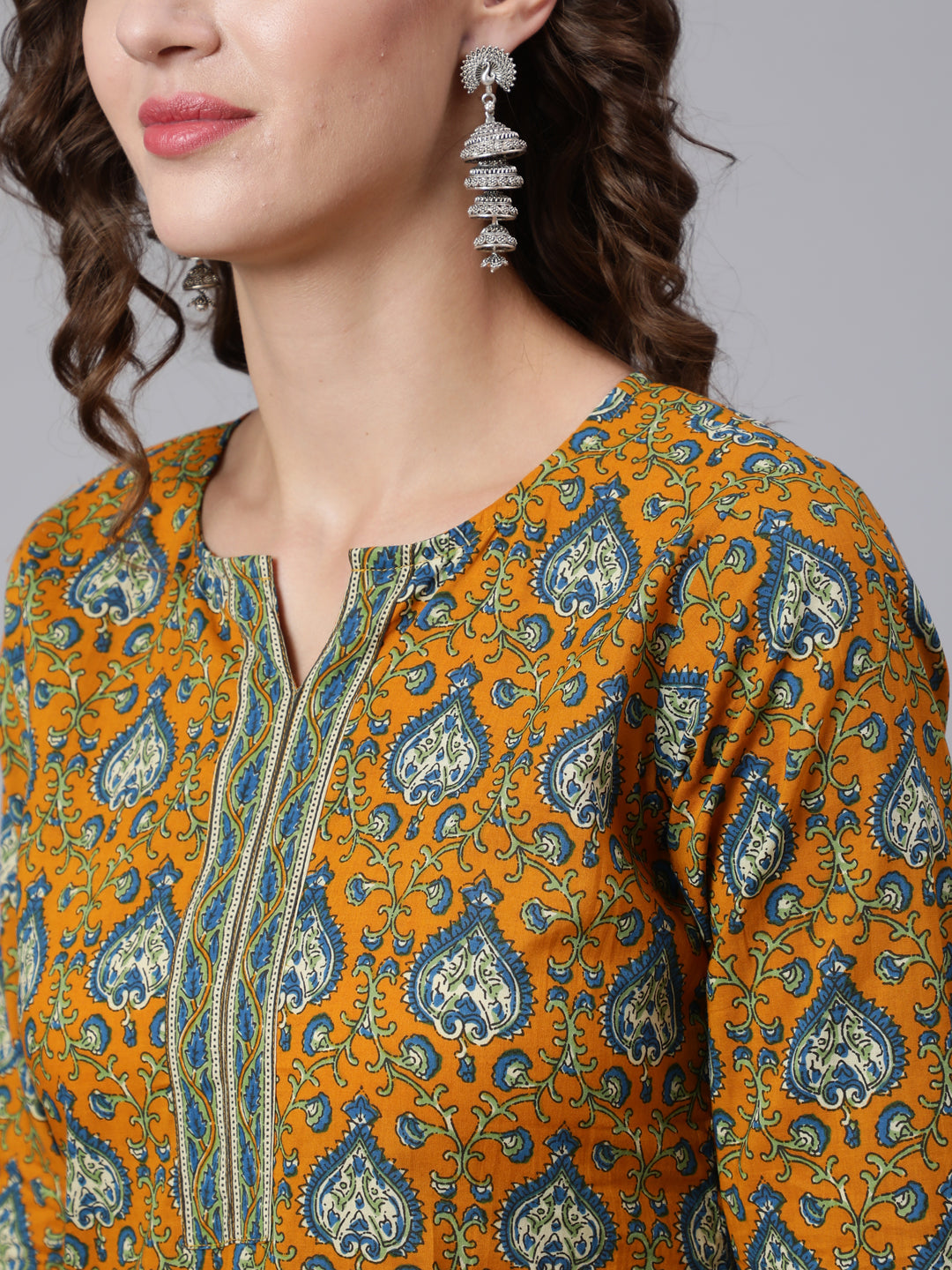 Women Yellow Printed Straight Kurta With Three Quarter Sleeves | LASVINI - Redefining Indian Fashion with Elegance
