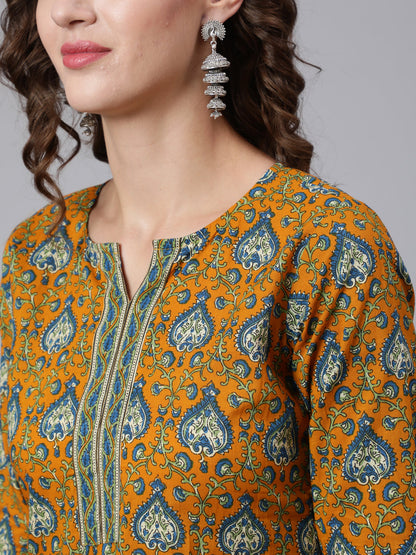 Women Yellow Printed Straight Kurta With Three Quarter Sleeves | LASVINI - Redefining Indian Fashion with Elegance