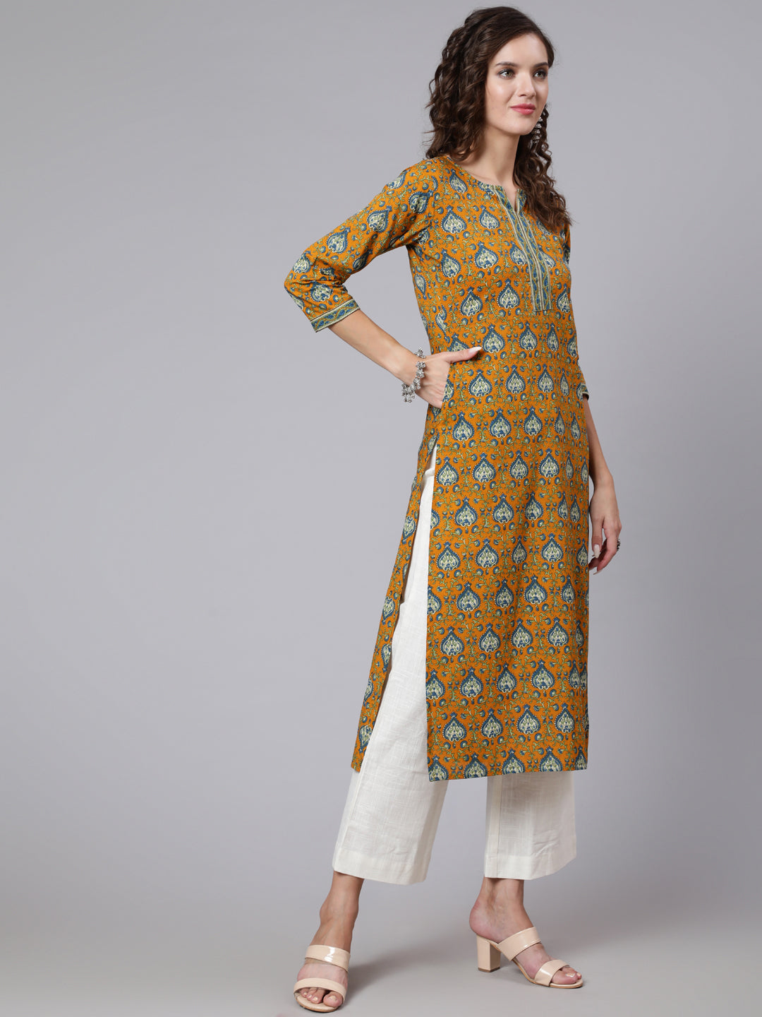 Women Yellow Printed Straight Kurta With Three Quarter Sleeves | LASVINI - Redefining Indian Fashion with Elegance