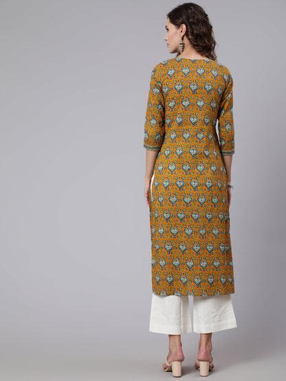 Women Yellow Printed Straight Kurta With Three Quarter Sleeves | LASVINI - Redefining Indian Fashion with Elegance