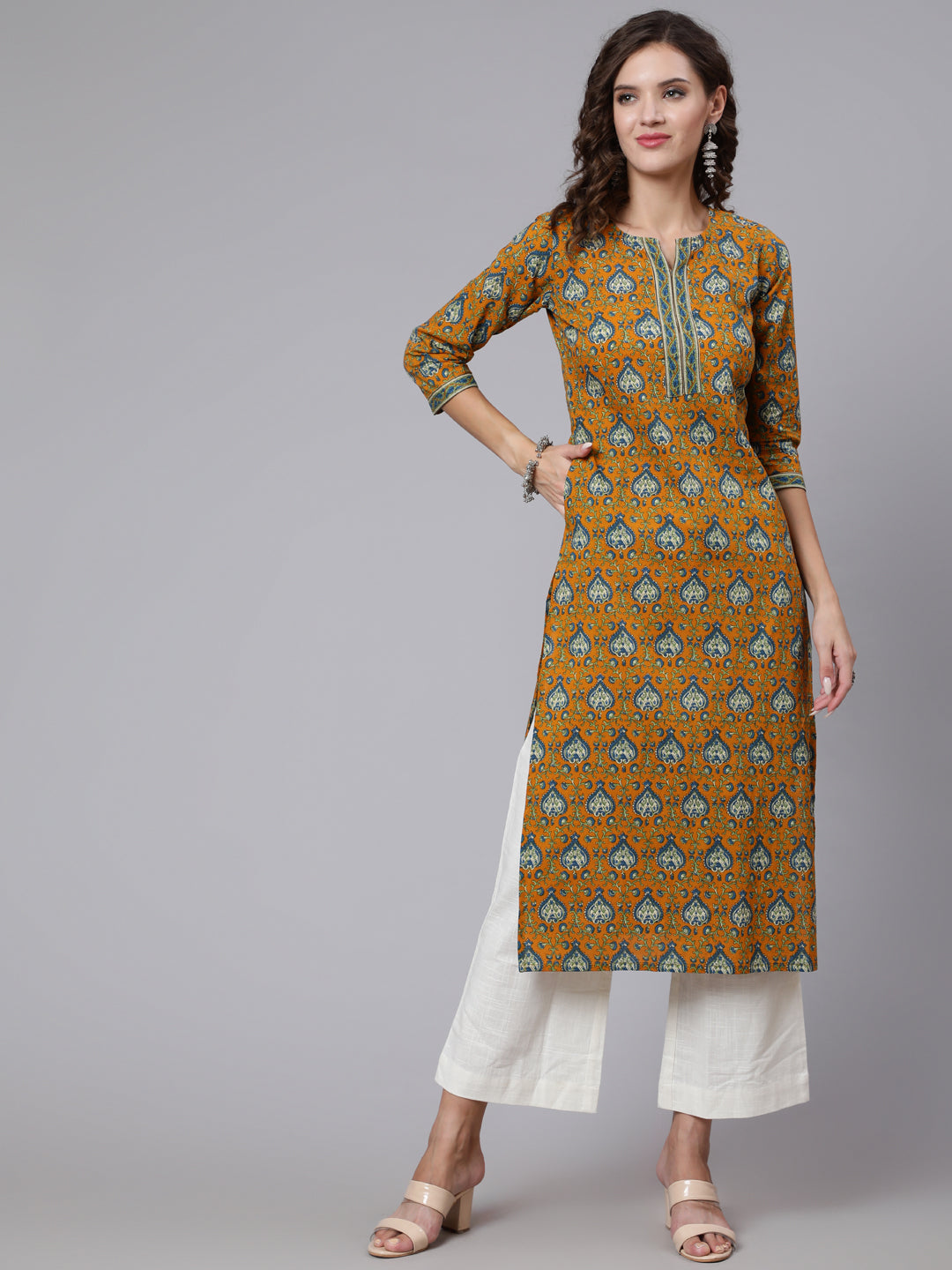 Women Yellow Printed Straight Kurta With Three Quarter Sleeves | LASVINI - Redefining Indian Fashion with Elegance