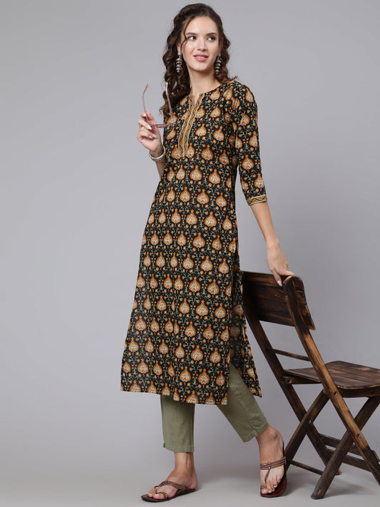 Women Black Printed Straight Kurta With Three Quarter Sleeves | LASVINI - Redefining Indian Fashion with Elegance