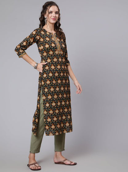 Women Black Printed Straight Kurta With Three Quarter Sleeves | LASVINI - Redefining Indian Fashion with Elegance