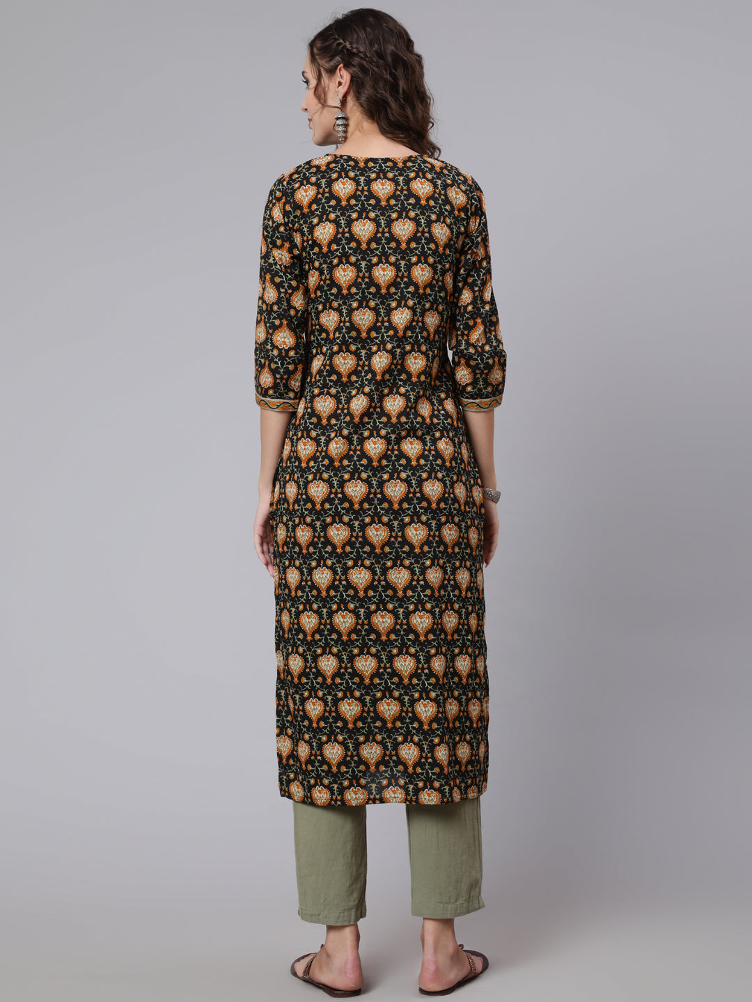 Women Black Printed Straight Kurta With Three Quarter Sleeves | LASVINI - Redefining Indian Fashion with Elegance