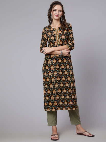 Women Black Printed Straight Kurta With Three Quarter Sleeves | LASVINI - Redefining Indian Fashion with Elegance