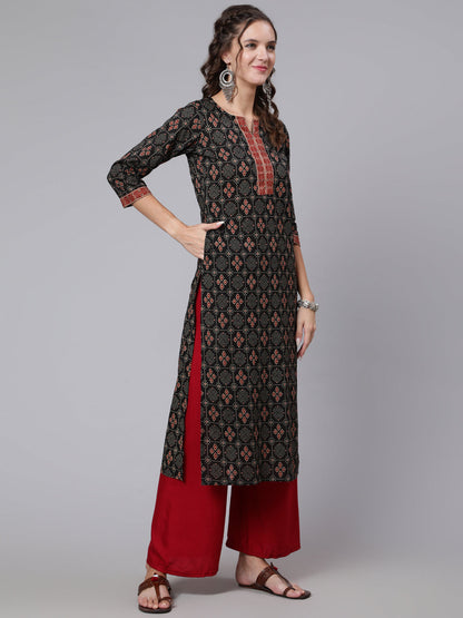 Women Black Printed Straight Kurta With Three Quarter Sleeves | LASVINI - Redefining Indian Fashion with Elegance