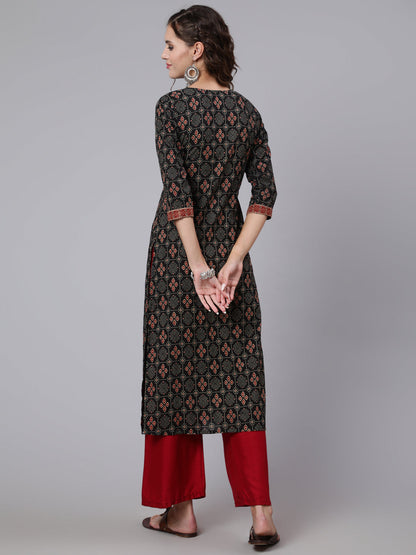 Women Black Printed Straight Kurta With Three Quarter Sleeves | LASVINI - Redefining Indian Fashion with Elegance