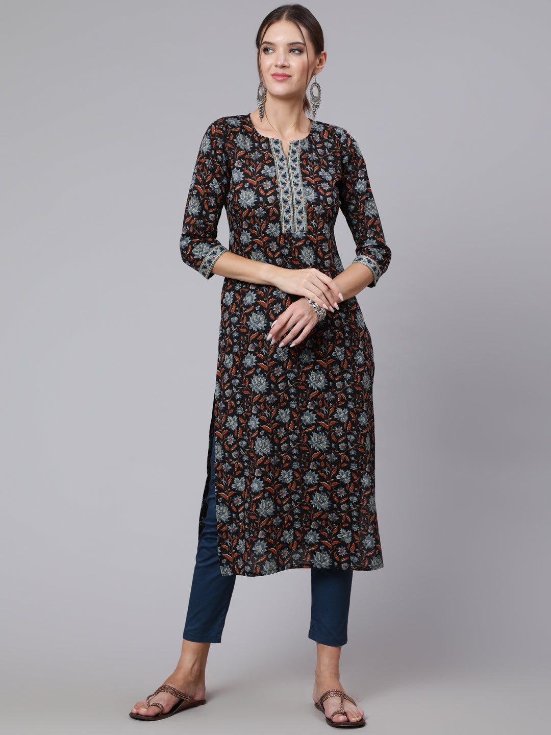 Women Black Printed Straight Kurta With Three Quarter Sleeves | LASVINI - Redefining Indian Fashion with Elegance