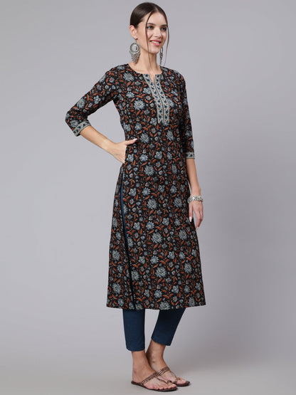Women Black Printed Straight Kurta With Three Quarter Sleeves | LASVINI - Redefining Indian Fashion with Elegance