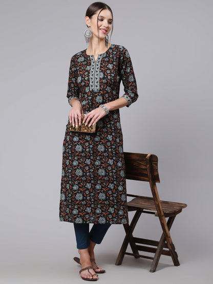 Women Black Printed Straight Kurta With Three Quarter Sleeves | LASVINI - Redefining Indian Fashion with Elegance