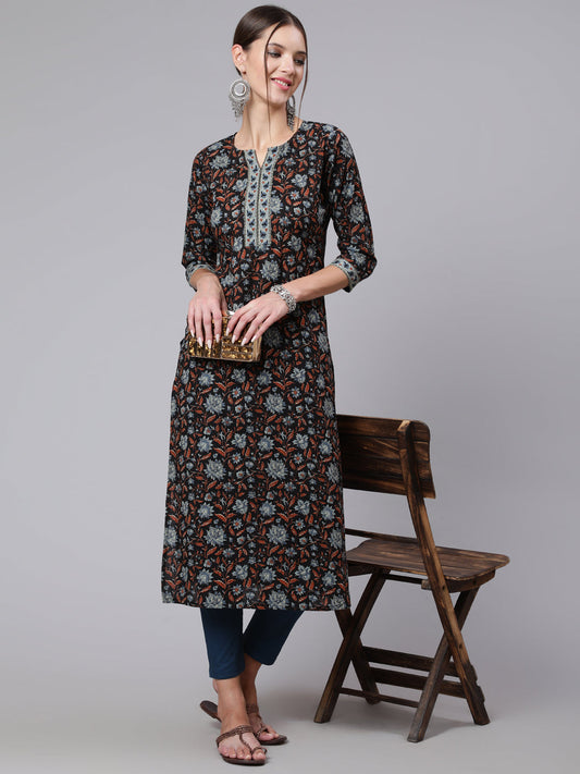 Women Black Printed Straight Kurta With Three Quarter Sleeves | LASVINI - Redefining Indian Fashion with Elegance
