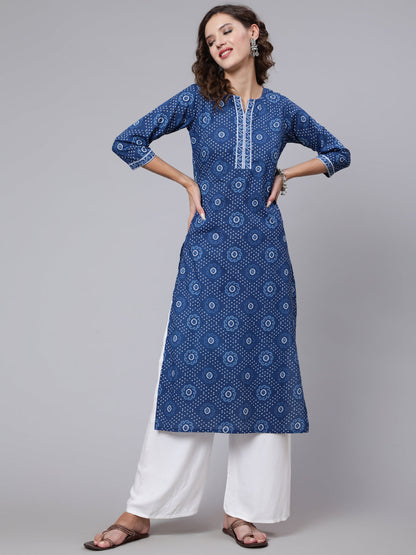 Women Blue Printed Straight Kurta With Three Quarter Sleeves | LASVINI - Redefining Indian Fashion with Elegance