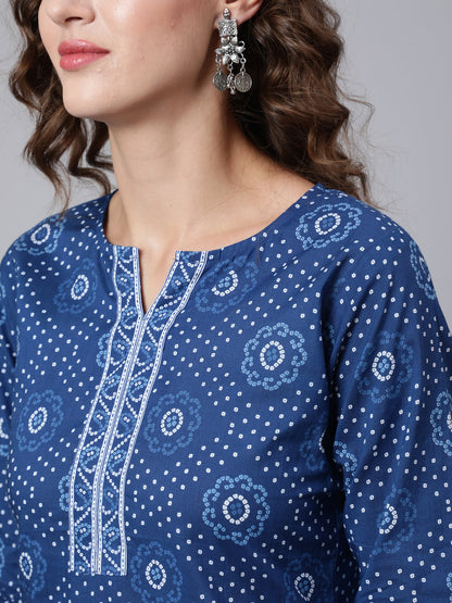 Women Blue Printed Straight Kurta With Three Quarter Sleeves | LASVINI - Redefining Indian Fashion with Elegance