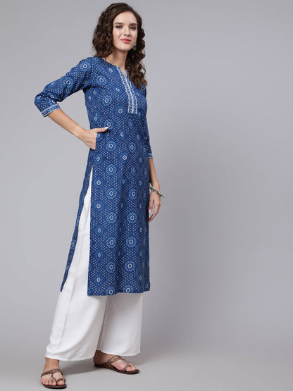 Women Blue Printed Straight Kurta With Three Quarter Sleeves | LASVINI - Redefining Indian Fashion with Elegance