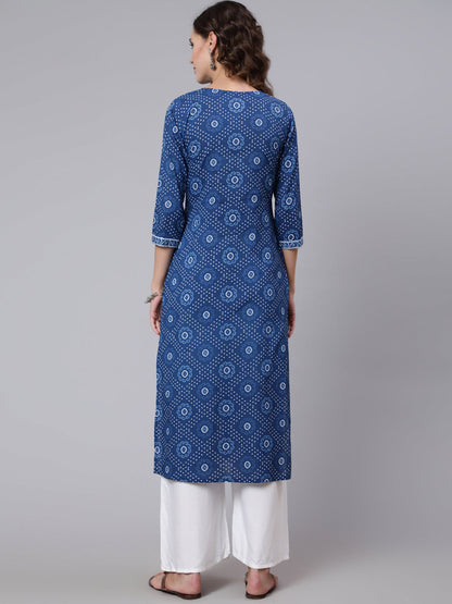 Women Blue Printed Straight Kurta With Three Quarter Sleeves | LASVINI - Redefining Indian Fashion with Elegance