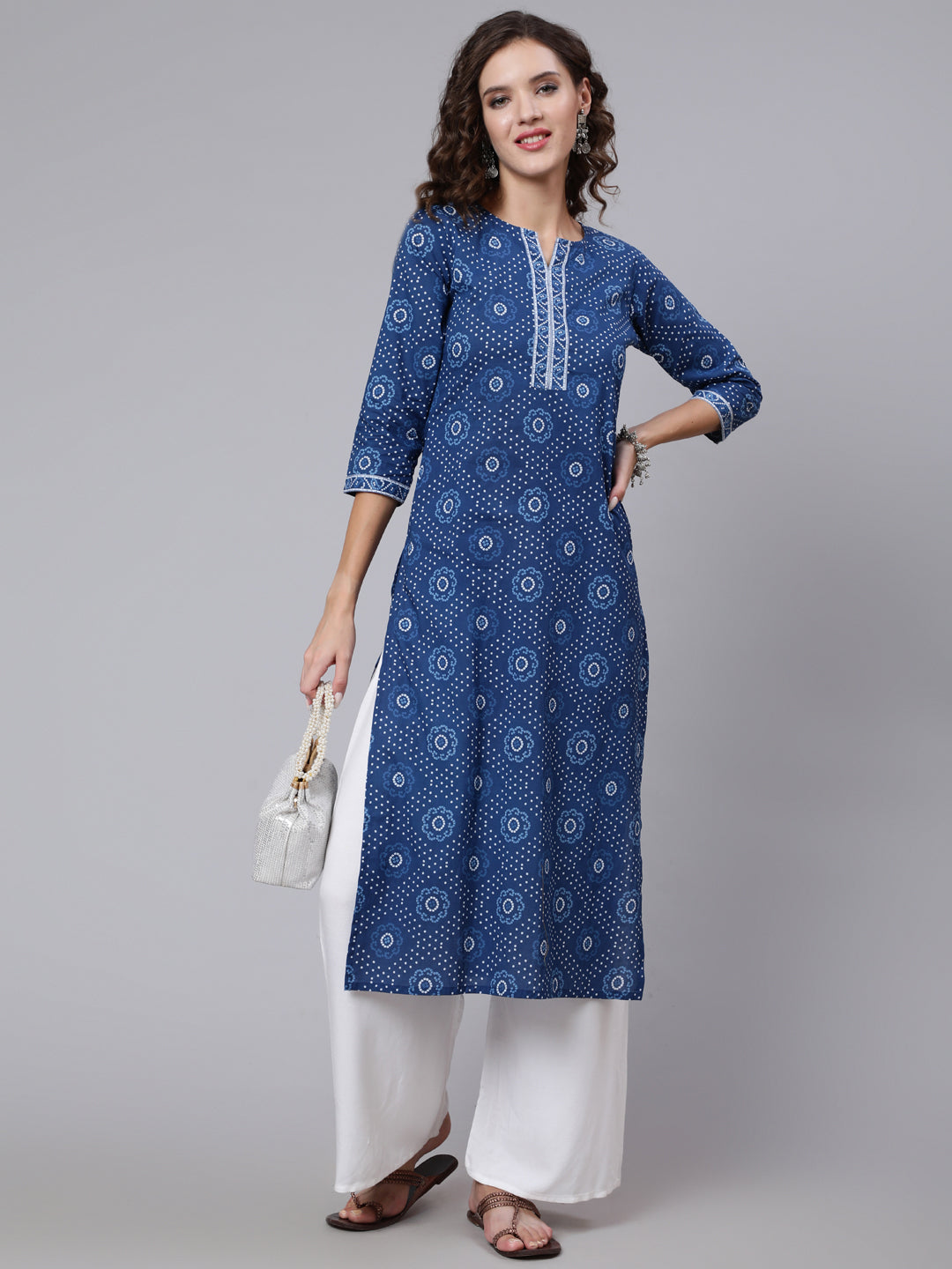 Women Blue Printed Straight Kurta With Three Quarter Sleeves | LASVINI - Redefining Indian Fashion with Elegance