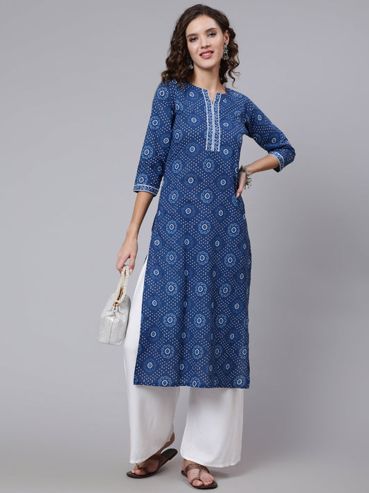 Women Blue Printed Straight Kurta With Three Quarter Sleeves | LASVINI - Redefining Indian Fashion with Elegance