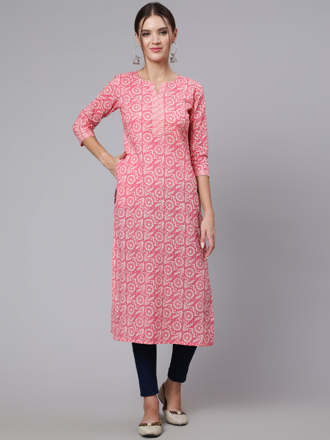 Women Pink Printed Straight Kurta With Three Quarter Sleeves | LASVINI - Redefining Indian Fashion with Elegance