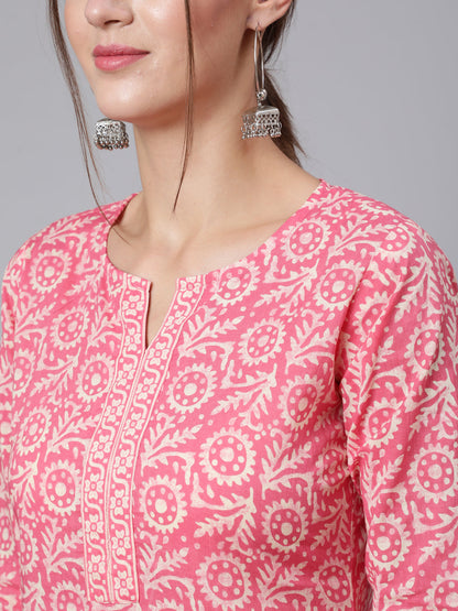 Women Pink Printed Straight Kurta With Three Quarter Sleeves | LASVINI - Redefining Indian Fashion with Elegance