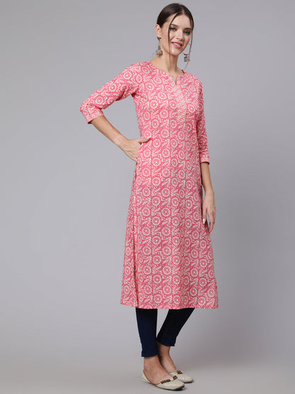 Women Pink Printed Straight Kurta With Three Quarter Sleeves | LASVINI - Redefining Indian Fashion with Elegance