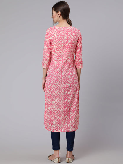 Women Pink Printed Straight Kurta With Three Quarter Sleeves | LASVINI - Redefining Indian Fashion with Elegance