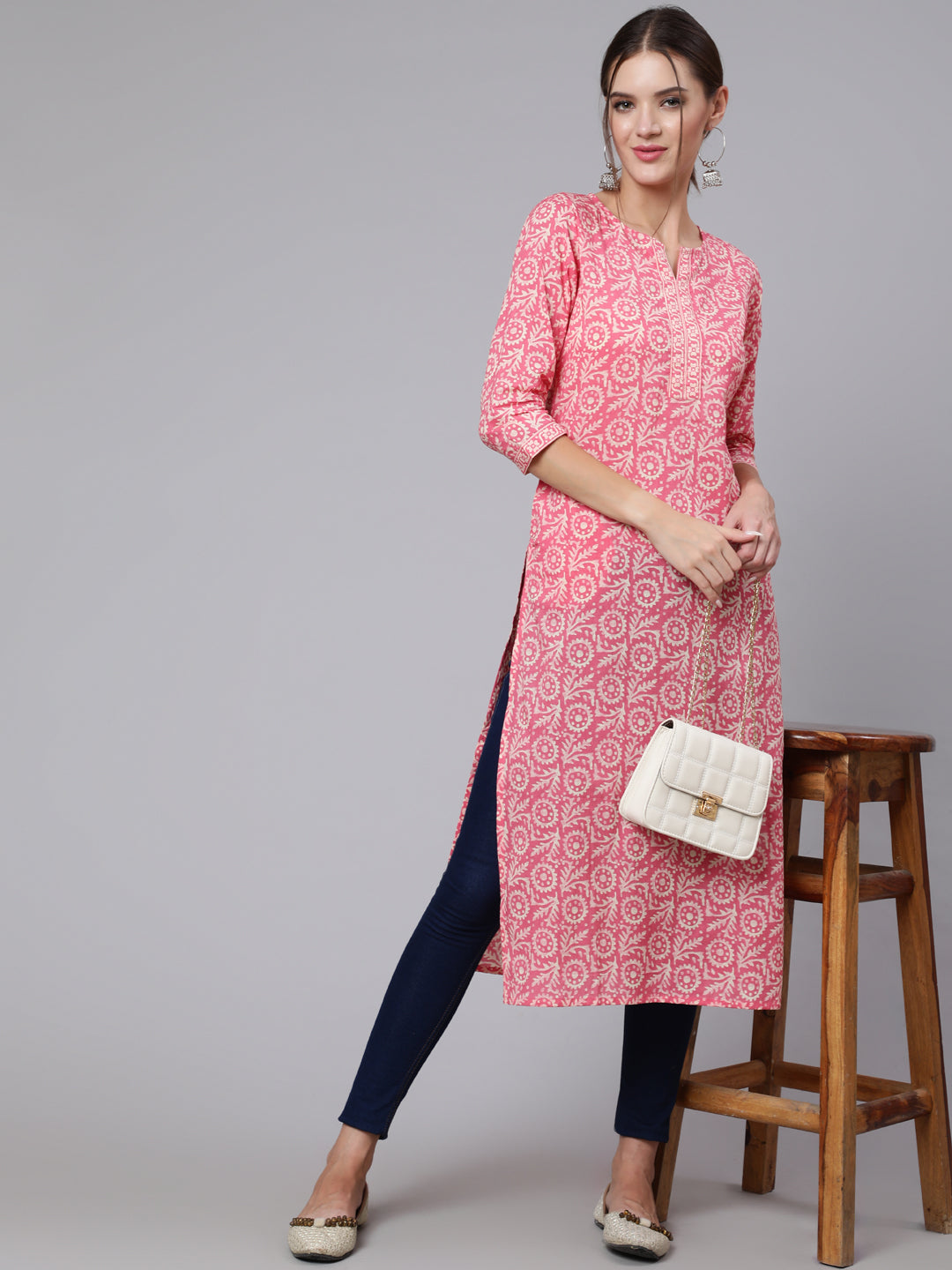 Women Pink Printed Straight Kurta With Three Quarter Sleeves | LASVINI - Redefining Indian Fashion with Elegance