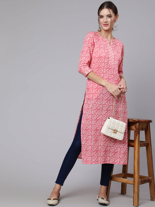 Women Pink Printed Straight Kurta With Three Quarter Sleeves | LASVINI - Redefining Indian Fashion with Elegance