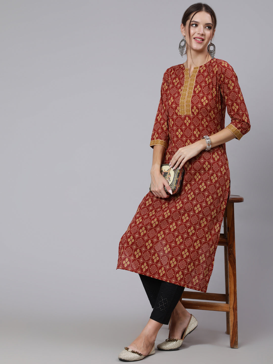 Women Maroon Printed Straight Kurta With Three Quarter Sleeves | LASVINI - Redefining Indian Fashion with Elegance