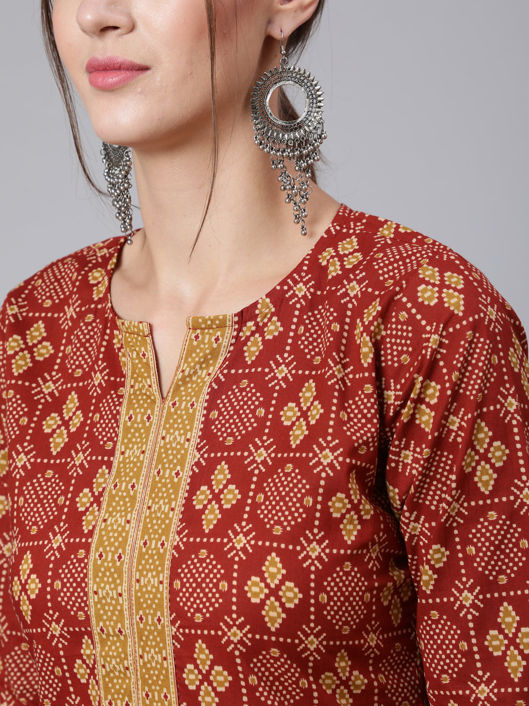 Women Maroon Printed Straight Kurta With Three Quarter Sleeves | LASVINI - Redefining Indian Fashion with Elegance