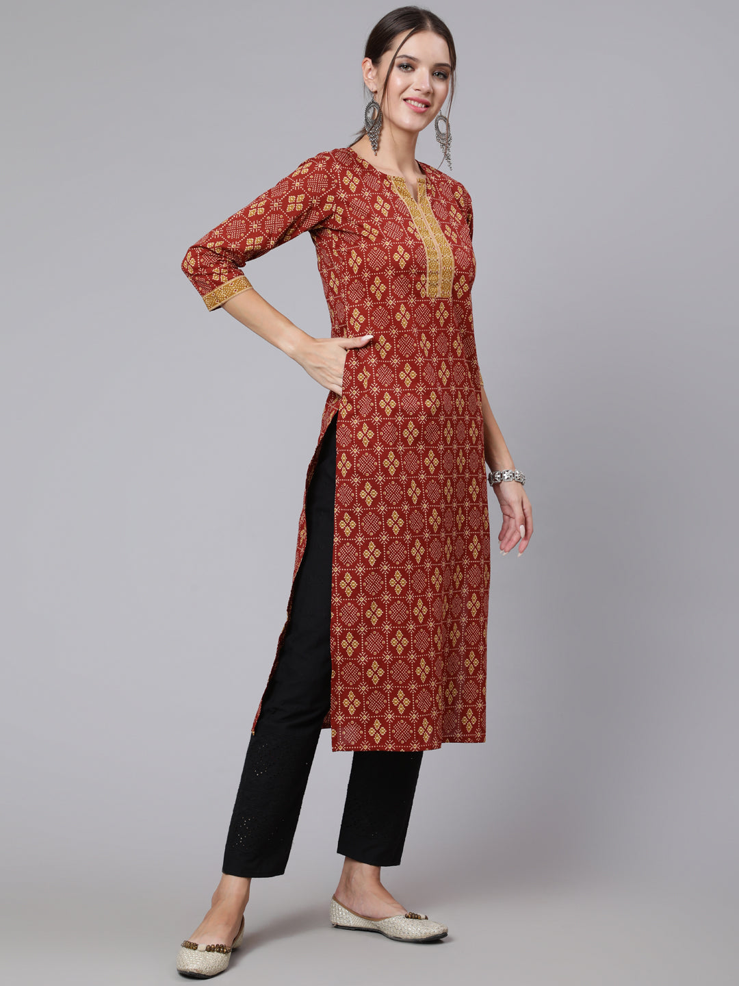 Women Maroon Printed Straight Kurta With Three Quarter Sleeves | LASVINI - Redefining Indian Fashion with Elegance