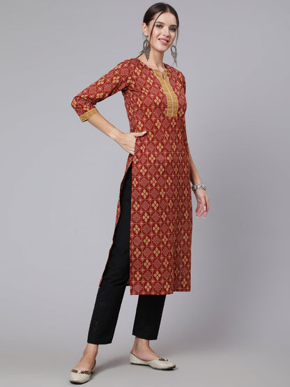 Women Maroon Printed Straight Kurta With Three Quarter Sleeves | LASVINI - Redefining Indian Fashion with Elegance