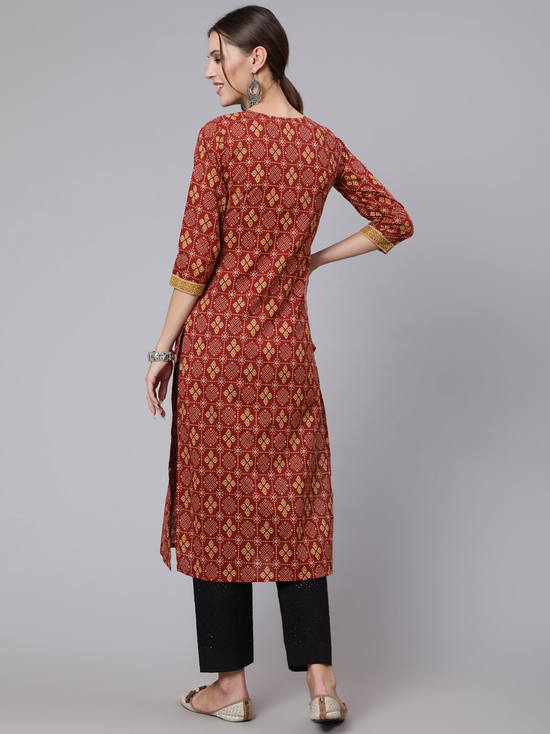 Women Maroon Printed Straight Kurta With Three Quarter Sleeves | LASVINI - Redefining Indian Fashion with Elegance
