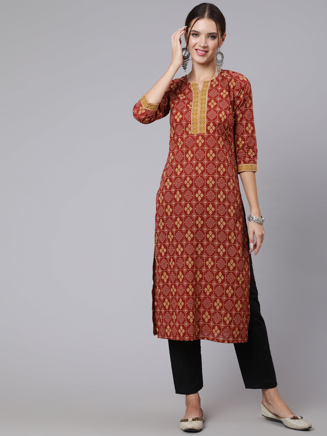 Women Maroon Printed Straight Kurta With Three Quarter Sleeves | LASVINI - Redefining Indian Fashion with Elegance