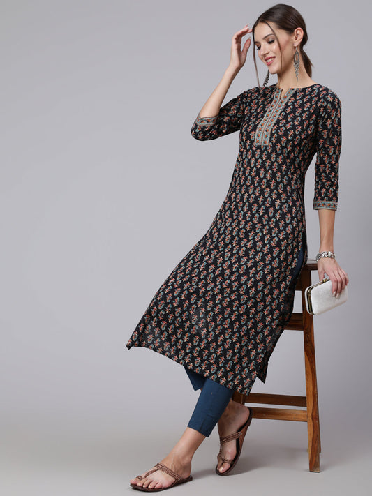 Women Black Printed Straight Kurta With Three Quarter Sleeves | LASVINI - Redefining Indian Fashion with Elegance