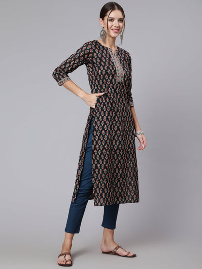 Women Black Printed Straight Kurta With Three Quarter Sleeves | LASVINI - Redefining Indian Fashion with Elegance
