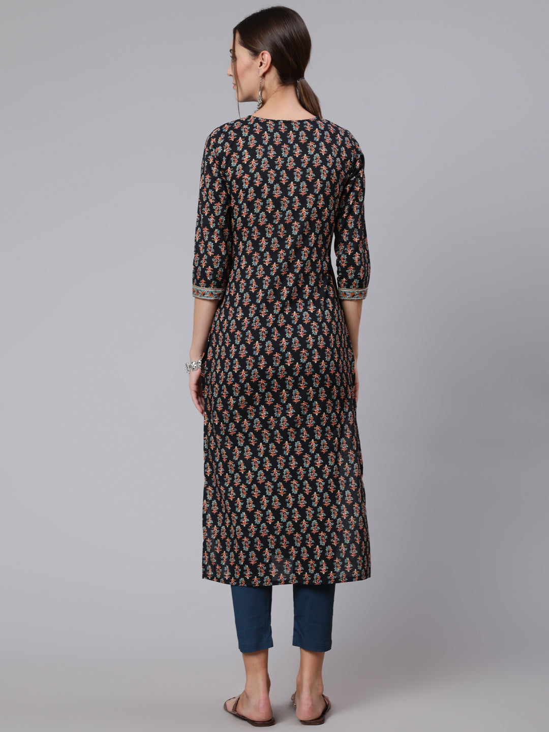 Women Black Printed Straight Kurta With Three Quarter Sleeves | LASVINI - Redefining Indian Fashion with Elegance