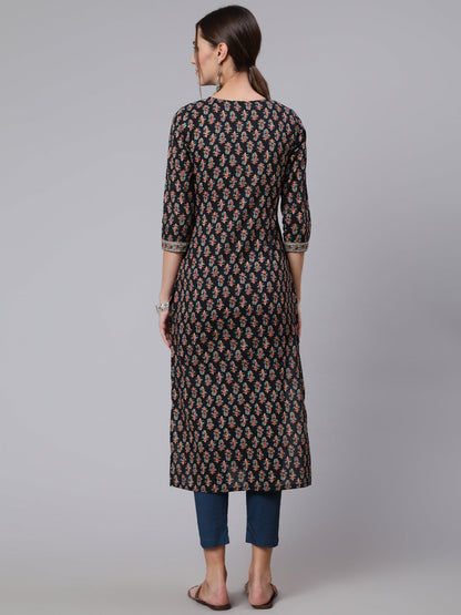 Women Black Printed Straight Kurta With Three Quarter Sleeves | LASVINI - Redefining Indian Fashion with Elegance