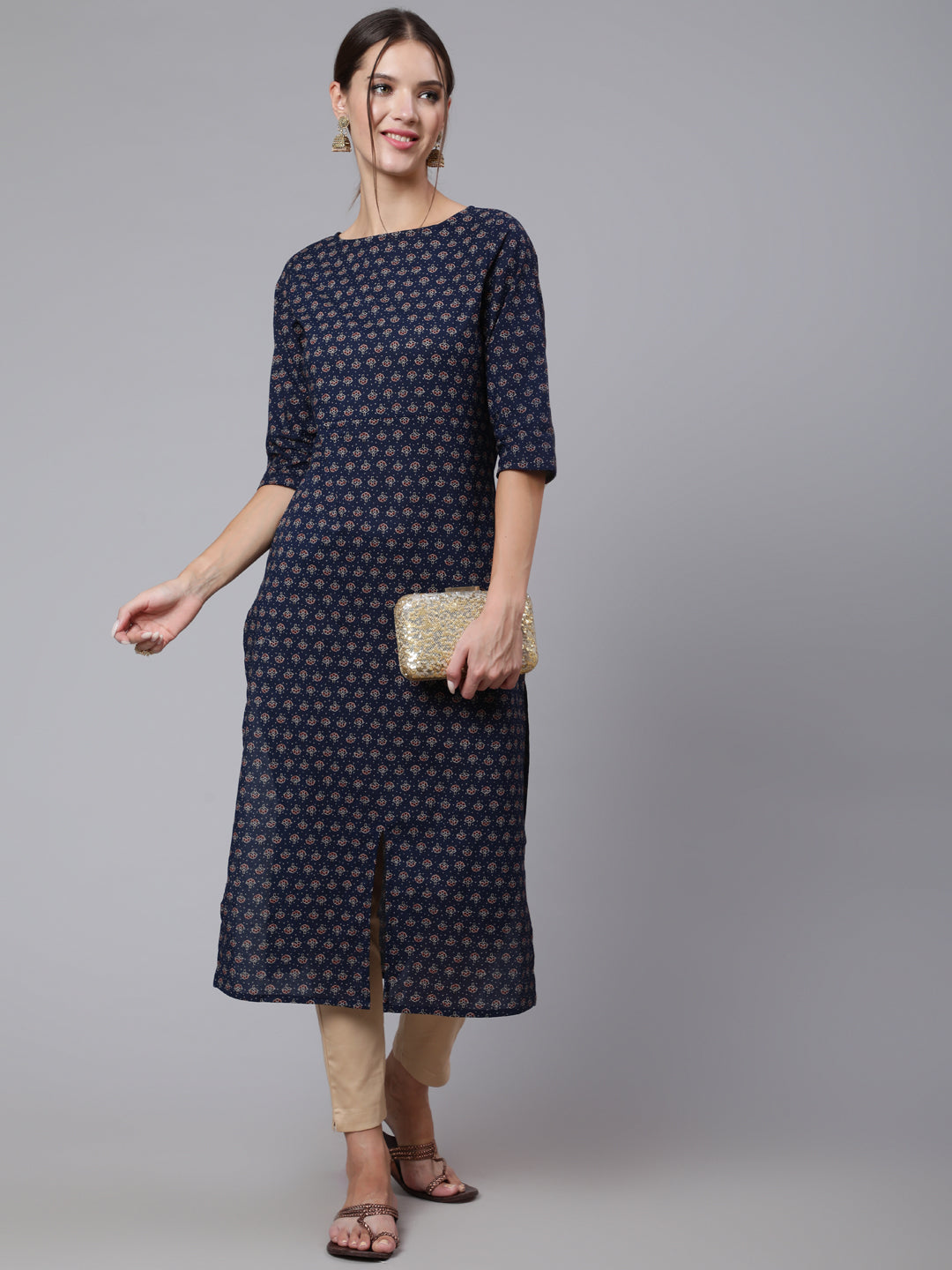 Women Blue Printed Straight Kurta With Three Quarter Sleeves | LASVINI - Redefining Indian Fashion with Elegance