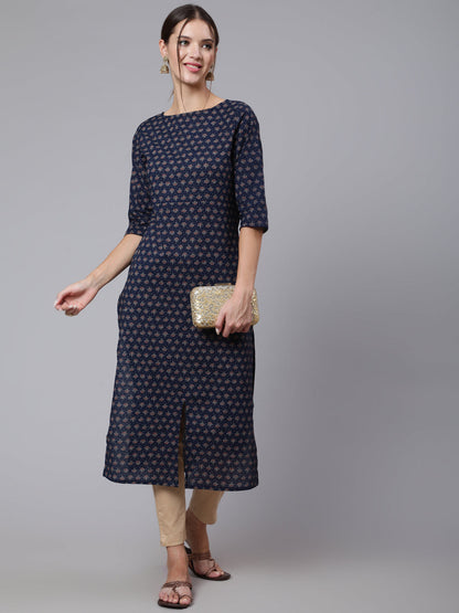 Women Blue Printed Straight Kurta With Three Quarter Sleeves | LASVINI - Redefining Indian Fashion with Elegance