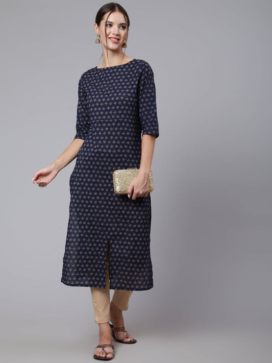 Women Blue Printed Straight Kurta With Three Quarter Sleeves | LASVINI - Redefining Indian Fashion with Elegance