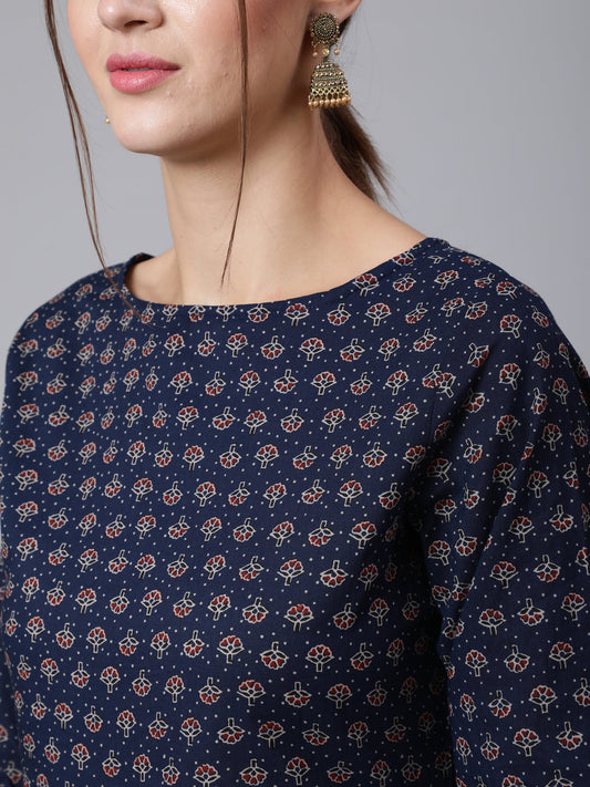 Women Blue Printed Straight Kurta With Three Quarter Sleeves | LASVINI - Redefining Indian Fashion with Elegance