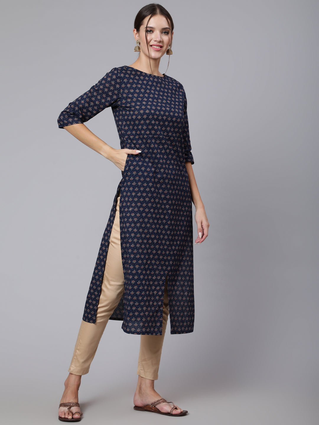 Women Blue Printed Straight Kurta With Three Quarter Sleeves | LASVINI - Redefining Indian Fashion with Elegance