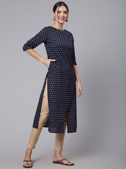 Women Blue Printed Straight Kurta With Three Quarter Sleeves | LASVINI - Redefining Indian Fashion with Elegance