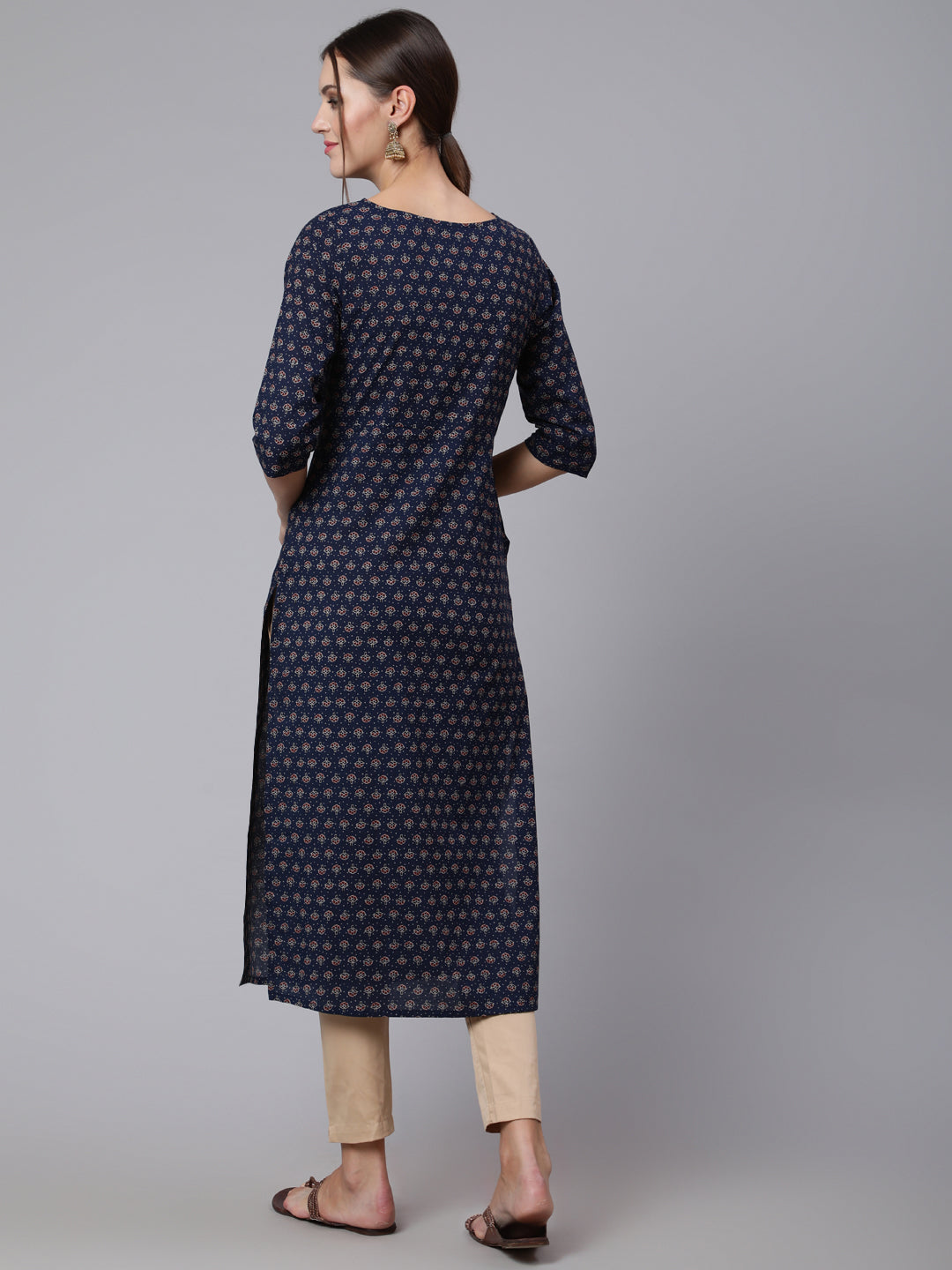 Women Blue Printed Straight Kurta With Three Quarter Sleeves | LASVINI - Redefining Indian Fashion with Elegance